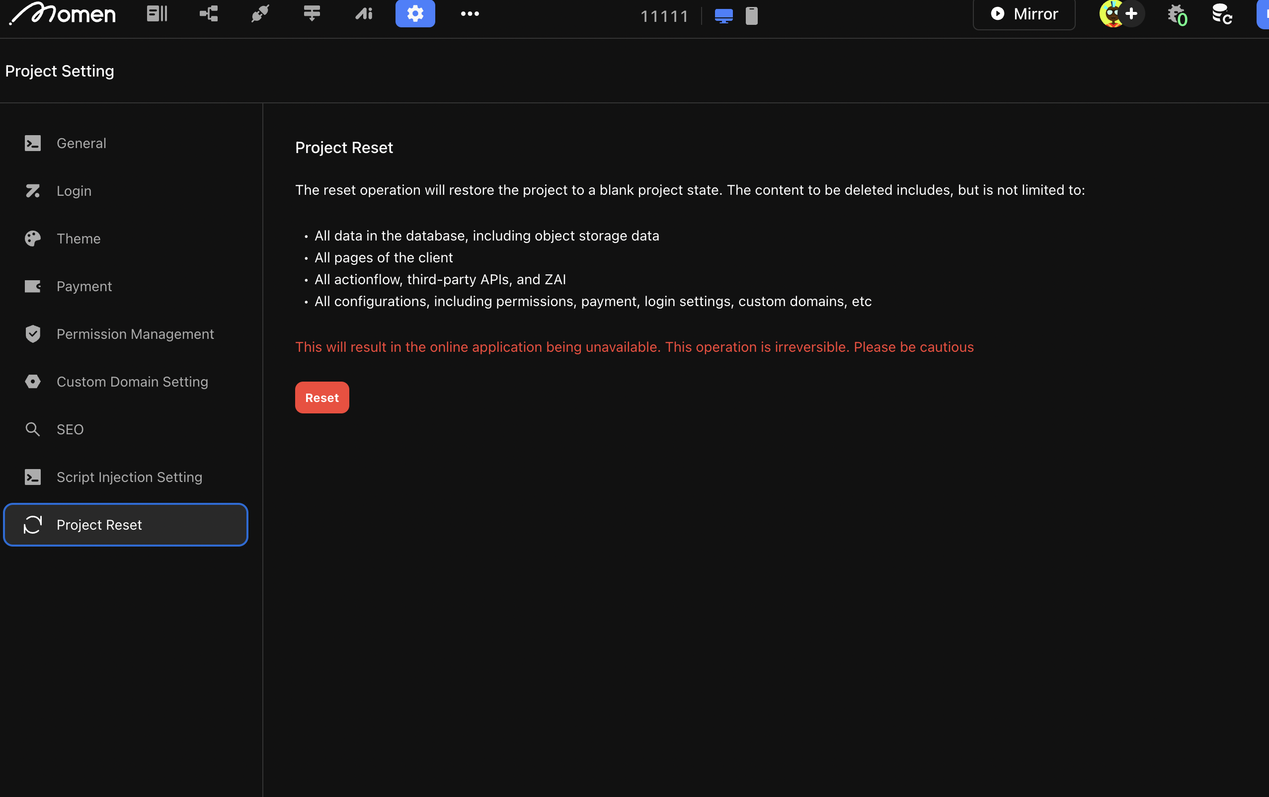 Project reset